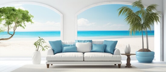 Classic living room with tropical beach view featuring a white sofa