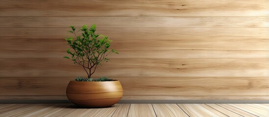 Wooden walled interior with a tiny green tree in a pod offering empty area for text
