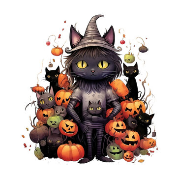 black cat on Halloween, watercolor clipart illustration