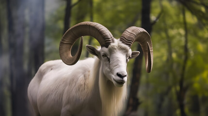Obraz premium Portrait of altai mountain goat in forest.