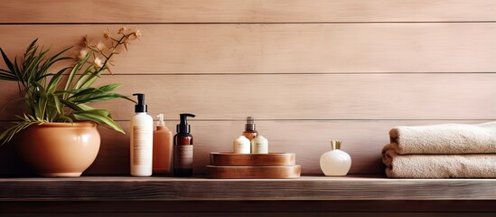 Fototapeta na wymiar Cosmetic products arranged on a bathroom shelf Various creams toner and gel