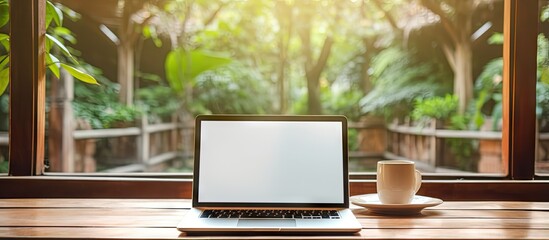 White laptop with blank screen placed on glass table near window and wooden chair Organized workspace idea