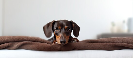 Adorable Dachshund on bed in house