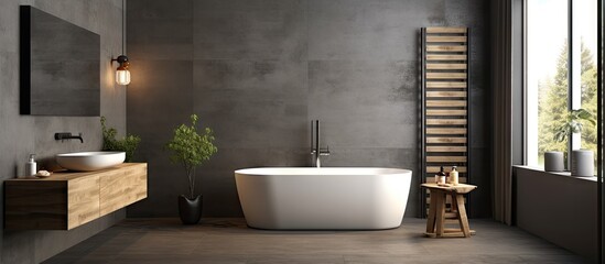 Fototapeta na wymiar Contemporary bathroom furnished with gray and wood accents