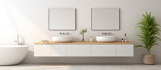Fototapeta na wymiar Modern home with light and spacious bathroom featuring white ceramic sinks mirrors and glass doors