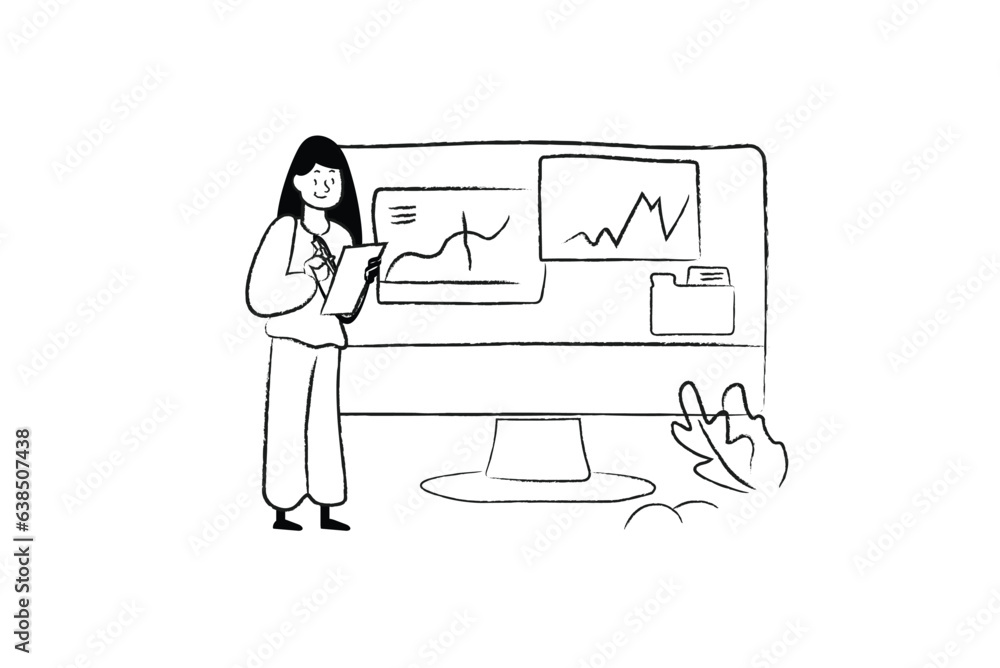 Poster statistical analysis concept with people scene in the flat line cartoon design. the specialist prepa
