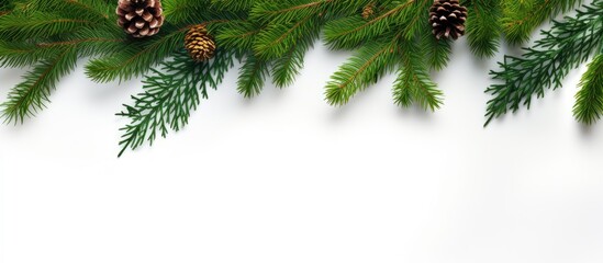 Conifer branches used to create a Christmas decoration White background top view