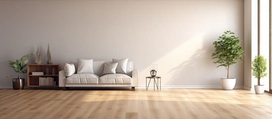 empty living room with vintage oak floor and striped vinyl wallpaper