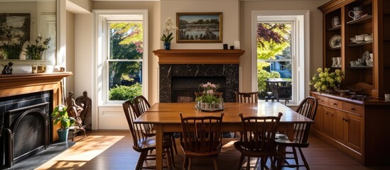 Renovated older home features a bright traditional dining area with a cast iron fireplace granite hearth and timber surround all beautifully lit up