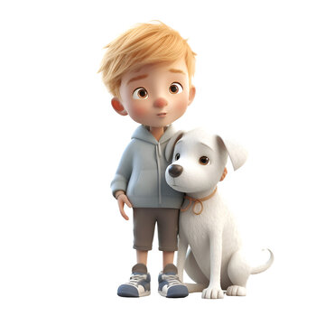 3D digital render of a cute boy with a dog isolated on white background