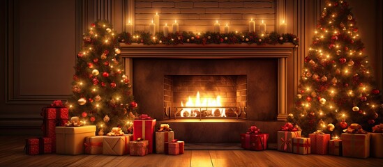 Digital illustration of Merry Christmas background showcasing gift Christmas Tree and fireplace in a decorated room