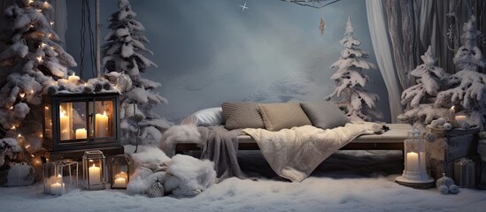 The enchanting Christmas ambiance room with fireplace artificial snow garlands blanket and hot drinks tray