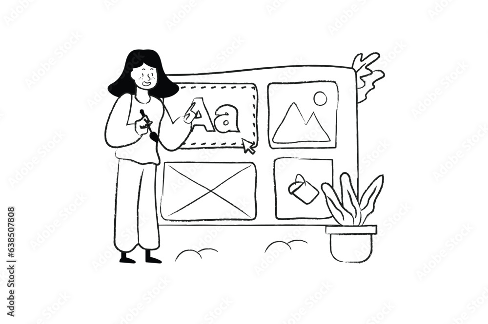 Poster web design concept with people scene in the flat line cartoon design. a creative designer works on t