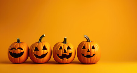 four happy halloween carved pumkins on a orange isolated background