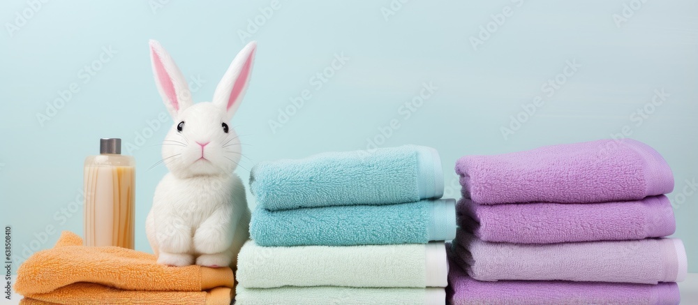 Poster Close up of various colored towels and a rabbit isolated on a white background with hygiene items nearby