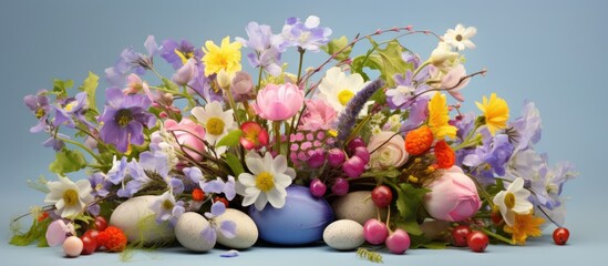 An egg adorned Easter flower arrangement