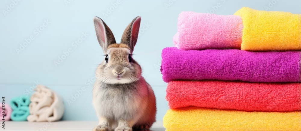 Poster close up of various colored towels and a rabbit isolated on a white background with hygiene items ne