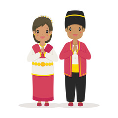 Happy couple wearing North Maluku traditional dress with greeting, welcome hand gesture. Indonesia traditional dress cartoon vector.