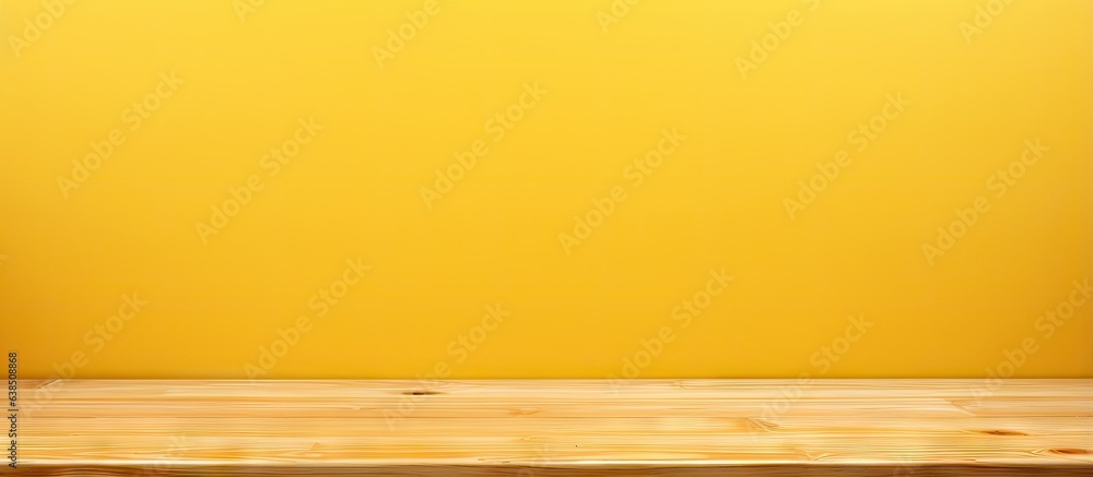 Poster product display mock up with empty table on yellow wall background