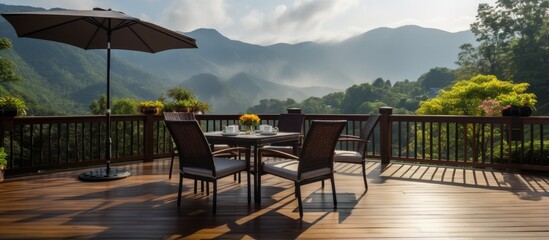 Fototapeta na wymiar Scenic mountain balcony deck with outdoor seating