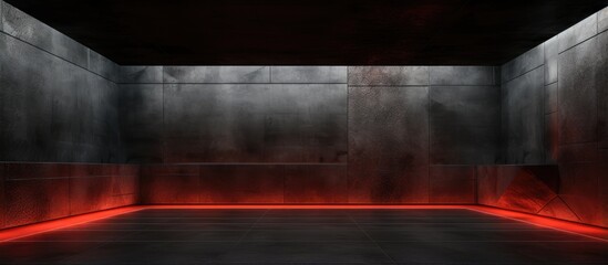 Architectural background featuring a smooth empty and dark interior with red glass