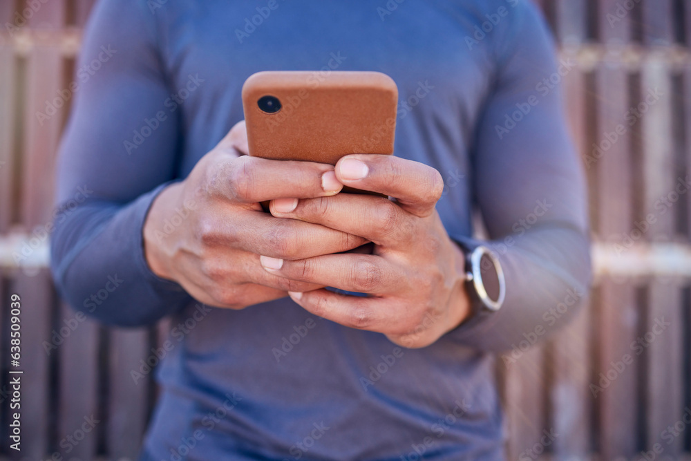 Poster Communication, phone and closeup of hands typing a text message on social media or mobile app. Technology, online and man scroll or chatting on the internet for blog or website with a cellphone.