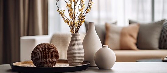 Modern contemporary interior with a table adorned by a vase tablecloth coasters wicker balls cone in a living space containing a TV in an apartment or house - obrazy, fototapety, plakaty