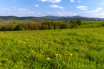 wiosenna panorama w Beskidach z widokiem na Pilsko