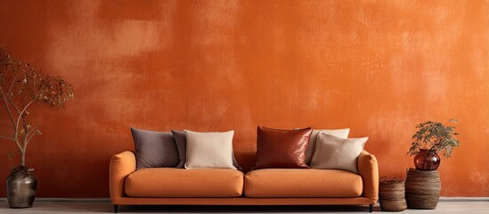 Wabi sabi living room with old orange wall and new couch real photo with copy space