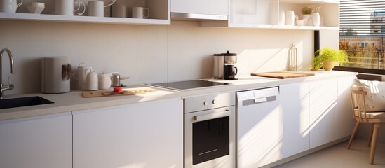 Modern ovens countertop with sink white cabinets stylish kitchen sunlight contemporary apartment