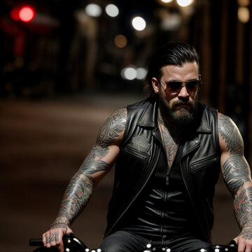 Biker with tattoos on his arms at night in the city