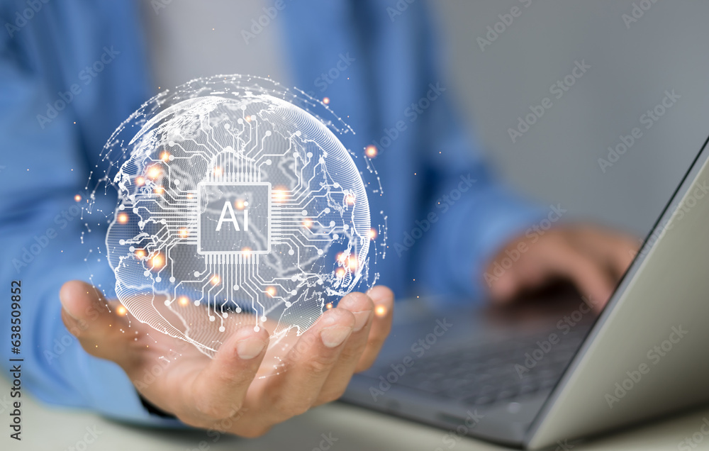 Poster ai technology in everyday life.technology and people concept man use ai to help work, ai learning an