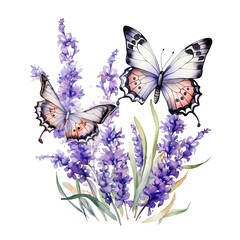 purple butterfly with lavender. watercolor illustration. butterflies and flower