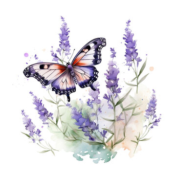 purple butterfly with lavender. watercolor illustration. butterflies and flower
