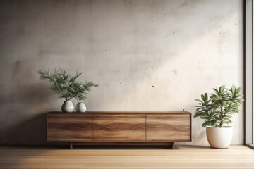 Beige wooden sideboard in front of a wall in a minimalistic interior design composition. 