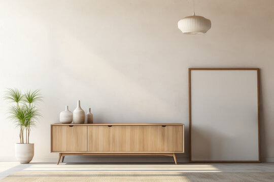Fototapeta Beige wooden sideboard in front of a wall in a minimalistic interior design composition. 