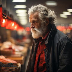 Fototapeta na wymiar Shopping in the supermarket, old man, worried about the high prices, AI generated