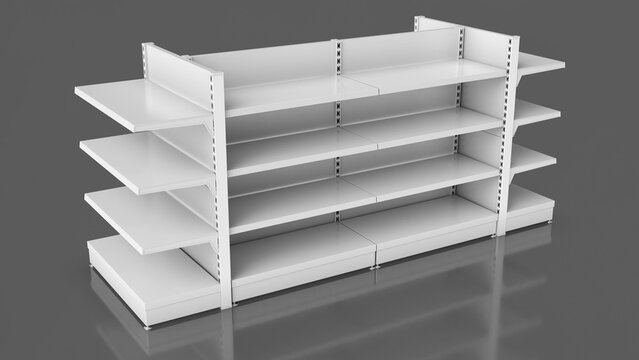 Trade display showcase with metal shelves. 3d illustration