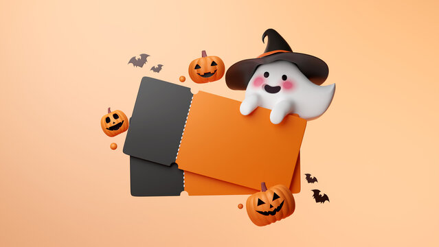 Halloween coupons with cute cartoon orange pumpkin and ghost with wizard hat. 3D rendering.