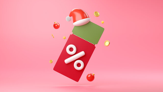 Red and green theme of Christmas coupons with santa hat and gold coins on pink background. 3D rendering.