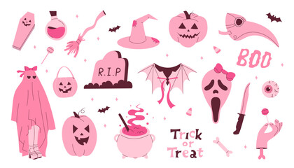 Set of Halloween different stickers. Set of isolated decorative elements ghost, mask, knife, witch's cauldron, eye, pumpkin, bat. Vector stock illustration isolated on white background.