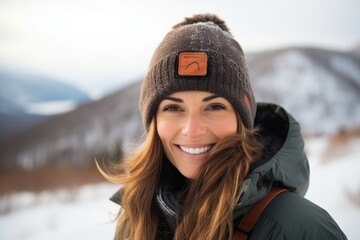 Smiling woman looking at camera on a snowy hillside in winter - obrazy, fototapety, plakaty