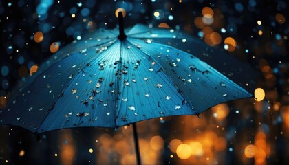 Blue umbrella under rain with bokeh light background. Illustration. Generative AI. Rainy day. Waterdrop