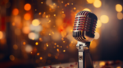 Retro microphone on stage with light bokeh background.