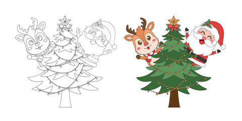 Santa Claus, Reindeer and Christmas tree, Christmas theme line art doodle cartoon illustration, Merry Christmas.