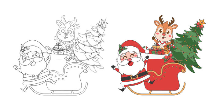 Santa Claus, Reindeer, Sleigh and Christmas tree, Christmas theme line art doodle cartoon illustration, Merry Christmas.