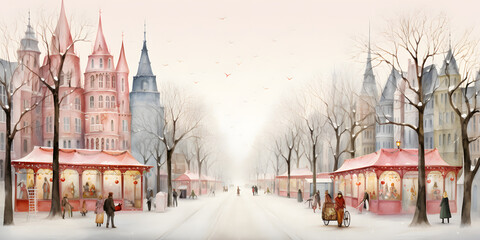 Obraz premium Christmas Fair winter city street watercolor illustration