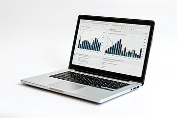 Financial charts and tables on a laptop screen with a white background.