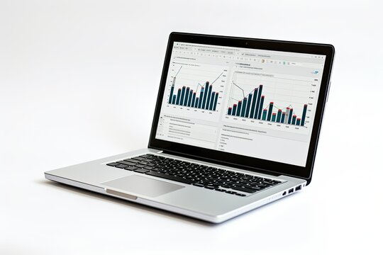 Financial charts and tables on a laptop screen with a white background. - Powered by Adobe