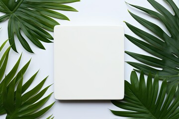 Top view white square plate or coaster on palm and monstera leaves background. Empty space for product placement or promotional text.